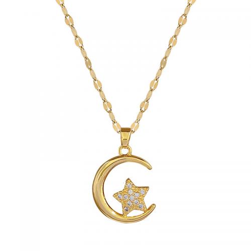 Brass Necklace, with Titanium Steel, with 2inch extender chain, Moon and Star, real gold plated, for woman & with rhinestone Approx 15.7 Inch 