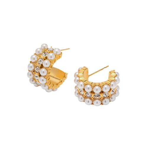 Stainless Steel Rhinestone Stud Earring, 304 Stainless Steel, with Plastic Pearl, 18K gold plated, fashion jewelry & for woman & with rhinestone, golden 