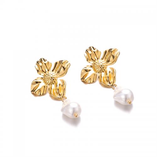 Boucle d'oreille goutte inox, Acier inoxydable 304, avec perle de plastique, bijoux de mode & pour femme, doré Vendu par paire