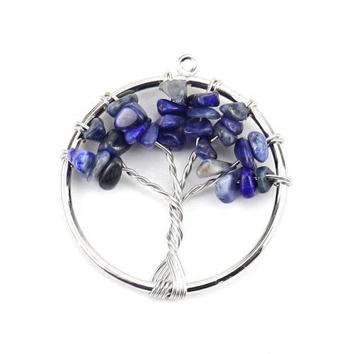 Gemstone Brass Pendants, Natural Stone, with Brass & Zinc Alloy, Tree, silver color plated, DIY 30mm 
