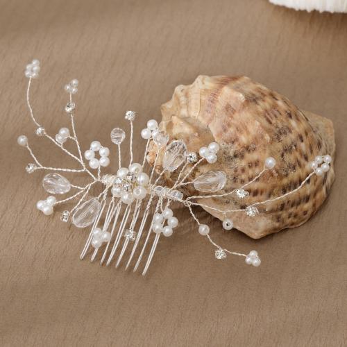 Dekoratives Haarkämmchen, Zinklegierung, mit Kunststoff Perlen, silberfarben plattiert, für Frau & mit Strass, 145x60mm, verkauft von PC
