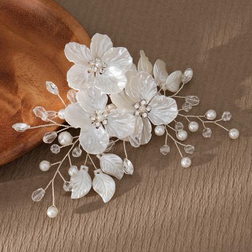 Alligator Hair Clip, Zinc Alloy, with Plastic Pearl & Acrylic, Flower, silver color plated, for woman & with rhinestone, white 