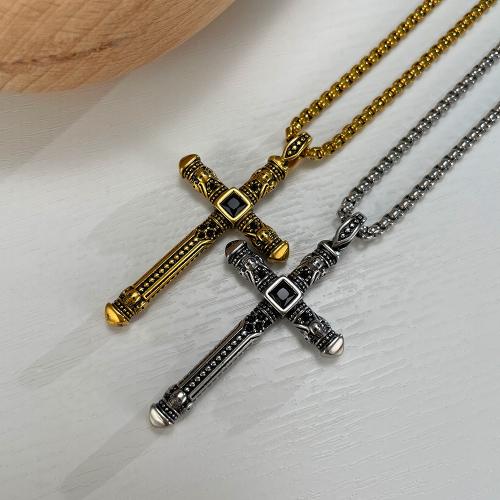 Stainless Steel Jewelry Necklace, 304 Stainless Steel, with Glass Rhinestone, Cross, plated, fashion jewelry & for man x29mm 