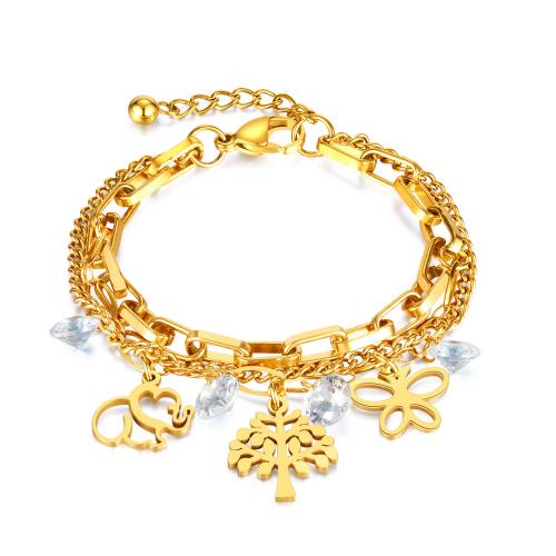 Stainless Steel Charm Bracelet, 304 Stainless Steel, with 3.5cm extender chain, three layers & fashion jewelry & micro pave cubic zirconia & for woman, gold Approx 17.5 cm 