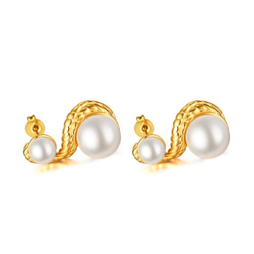 Stainless Steel Stud Earring, 304 Stainless Steel, with Plastic Pearl, gold color plated, fashion jewelry & for woman 