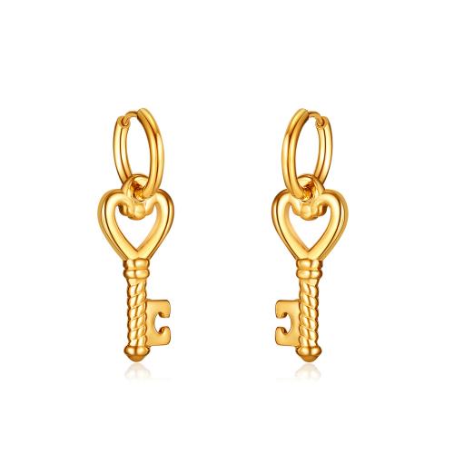 Huggie Hoop Drop Earring, 304 Stainless Steel, Key, fashion jewelry & for woman & hollow, golden 
