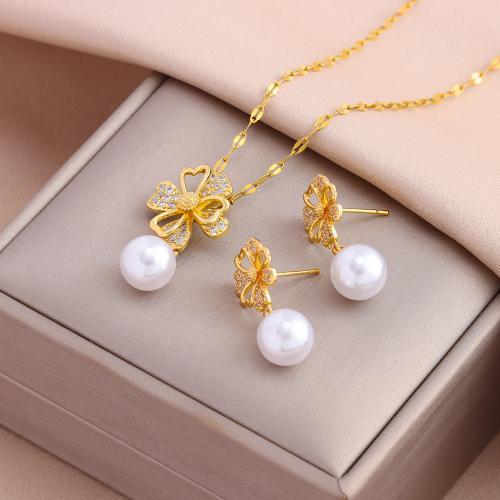 Brass Jewelry Set, with Plastic Pearl & 304 Stainless Steel, Vacuum Ion Plating, fashion jewelry & for woman & with rhinestone Approx 45 cm 