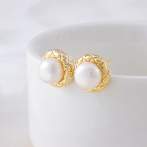 Stainless Steel Stud Earring, 304 Stainless Steel, with Freshwater Pearl, 18K gold plated, fashion jewelry & for woman, golden, 10mm 