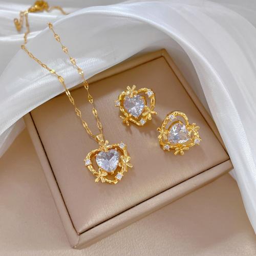 Titanium Steel Jewelry Set, with Brass, Heart, real gold plated & micro pave cubic zirconia & for woman & hollow 