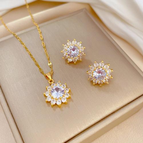 Titanium Steel Jewelry Set, with Brass, Flower, real gold plated & micro pave cubic zirconia & for woman 