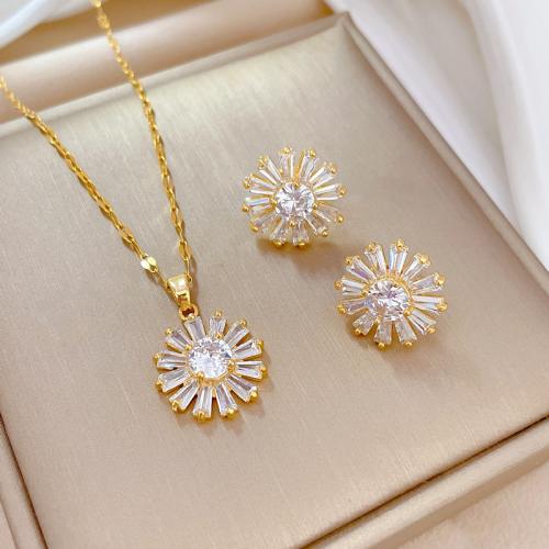 Titanium Steel Jewelry Set, Flower, real gold plated & micro pave cubic zirconia & for woman 