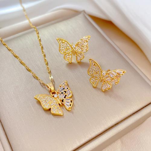 Titanium Steel Jewelry Set, with Brass, Butterfly, real gold plated & micro pave cubic zirconia & for woman 