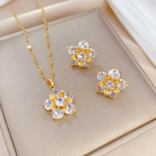 Titanium Steel Jewelry Set, with Brass, Flower, real gold plated & micro pave cubic zirconia & for woman 
