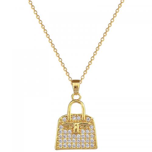 Titanium Steel Necklace, with Brass, with 2inch extender chain, Handbag, real gold plated, micro pave cubic zirconia & for woman Approx 15.7 Inch 