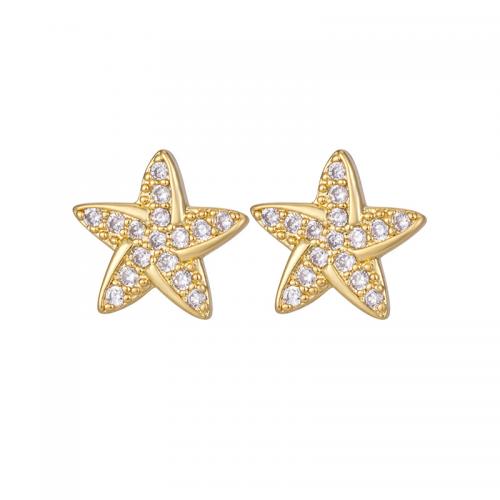 Brass Stud Earring, Star, real gold plated, micro pave cubic zirconia & for woman 10mm 