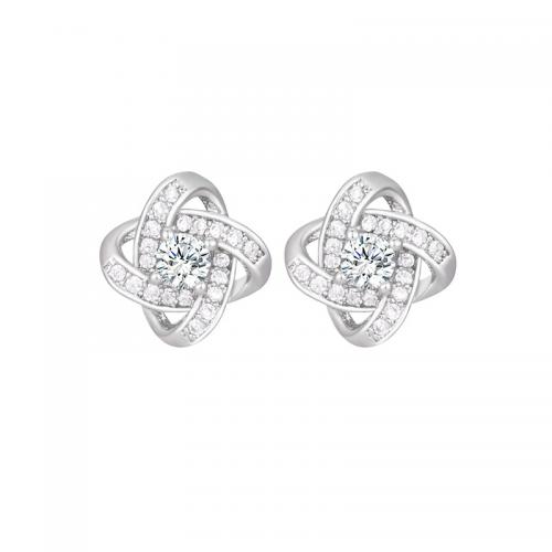 Brass Stud Earring, Four Leaf Clover, platinum plated, micro pave cubic zirconia & for woman & hollow 10mm 