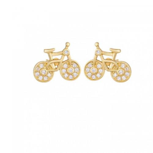 Brass Stud Earring, Bike, real gold plated, micro pave cubic zirconia & for woman 15mm 