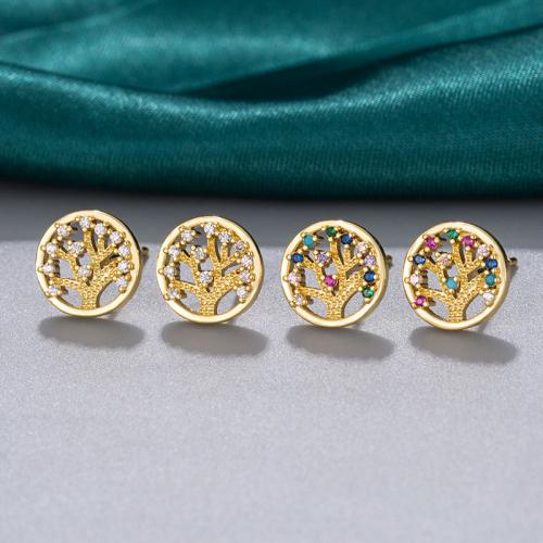 Brass Stud Earring, Tree, real gold plated, micro pave cubic zirconia & for woman & hollow 10mm 