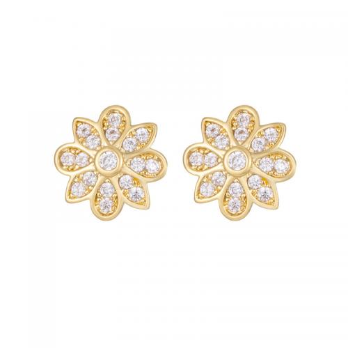 Brass Stud Earring, Daisy, real gold plated, micro pave cubic zirconia & for woman 10mm 