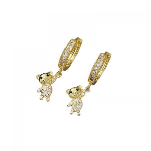 Brass Huggie Hoop Drop Earring, Bear, real gold plated, micro pave cubic zirconia & for woman 