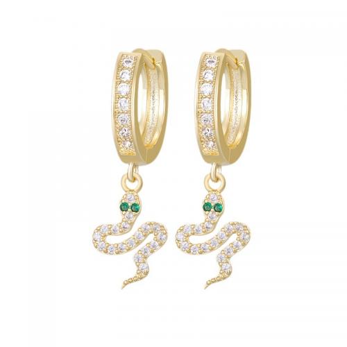 Brass Huggie Hoop Drop Earring, Snake, real gold plated, micro pave cubic zirconia & for woman 