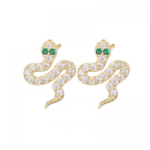 Brass Stud Earring, Snake, real gold plated, micro pave cubic zirconia & for woman 10mm 