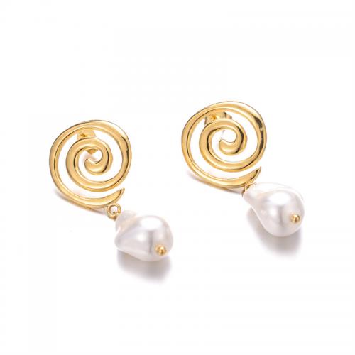 Stainless Steel Drop Earring, 304 Stainless Steel, with Plastic Pearl, Vacuum Ion Plating, fashion jewelry & for woman, gold 
