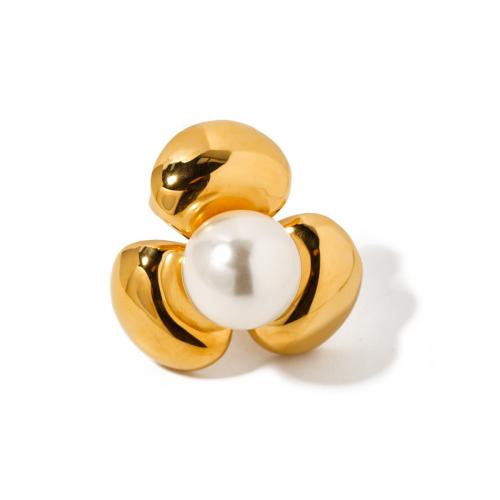 Stainless Steel Finger Ring, 304 Stainless Steel, with Plastic Pearl, Flower, 18K gold plated, fashion jewelry & for woman, golden, inner diameter 17.3mm,width 32.6mm, US Ring 