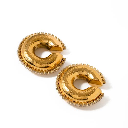 Stainless Steel Clip Earrings, 304 Stainless Steel, 18K gold plated, fashion jewelry & for woman & with rhinestone, golden 