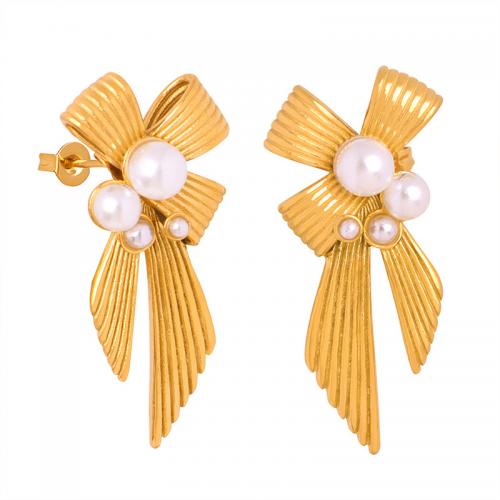 Titanium Steel Earrings, with Shell Pearl, Bowknot, 18K gold plated, fashion jewelry & for woman 