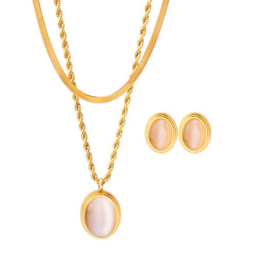 Titanio conjunto de joyas de acero, Partículas de acero, Pendiente de stud & anillo de dedo & collar, con Ojo de gato, chapado, para mujer, más colores para la opción, Necklace: 45X5CM earrings: 1.5 cm, Vendido por Set