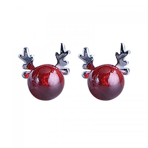 Sterling Silver Stud Earring, 925 Sterling Silver, with Garnet, Antlers, plated, for woman, platinum color, 9mm 