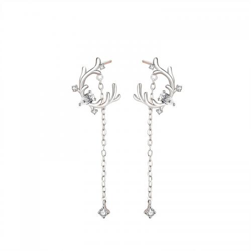 Cubic Zirconia Micro Pave Sterling Silver Earring, 925 Sterling Silver, Antlers, plated, micro pave cubic zirconia & for woman, platinum color 