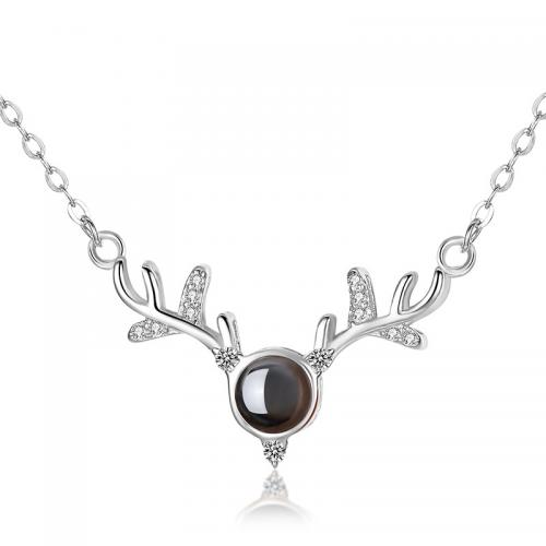 925 Sterling Silver Miniature Projection Necklace, with 5CM extender chain, Antlers, plated, micro pave cubic zirconia & for woman Approx 40 cm 