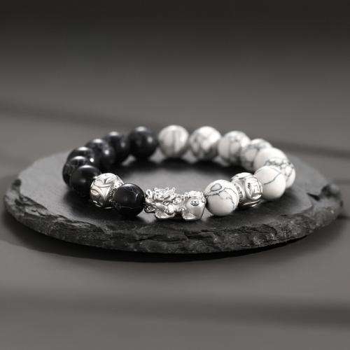 Obsidian Bracelet, with Howlite & Zinc Alloy, Fabulous Wild Beast, silver color plated, fashion jewelry & for man Approx 7 Inch 