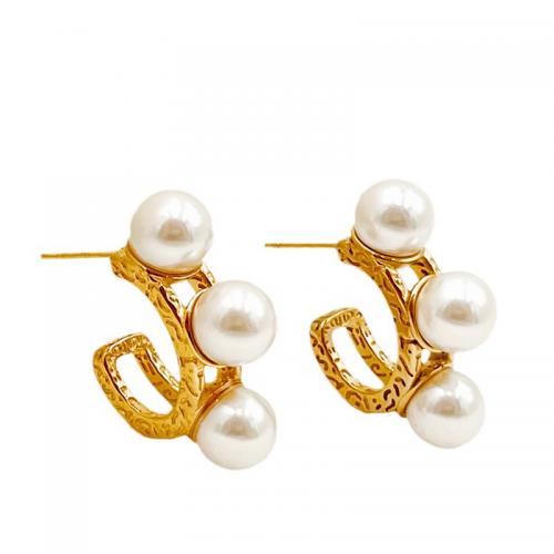 304 Stainless Steel Stud Earring, with Plastic Pearl, Letter C, gold color plated, fashion jewelry & for woman & hollow 