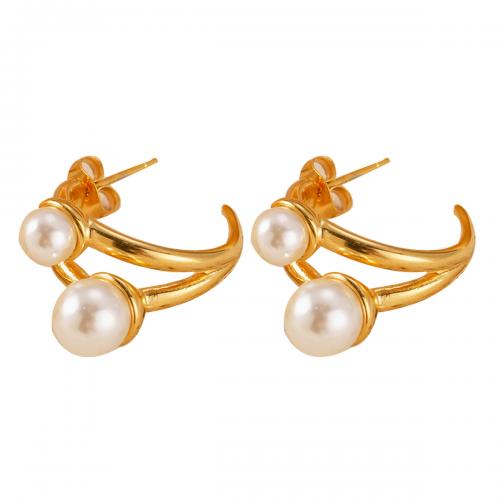 304 Stainless Steel Stud Earring, with Plastic Pearl, 18K gold plated & for woman 