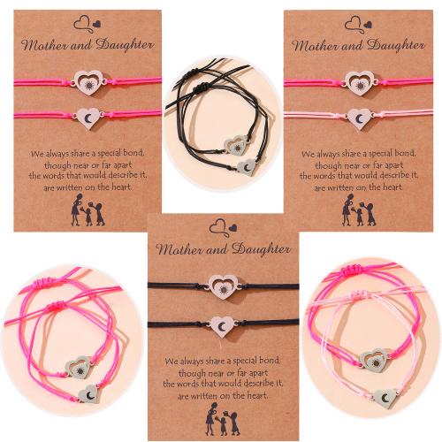 316L Stainless Steel Bracelet Set, with Korean Waxed Cord, Heart, 2 pieces & for woman & hollow Approx 6.3-11 Inch 
