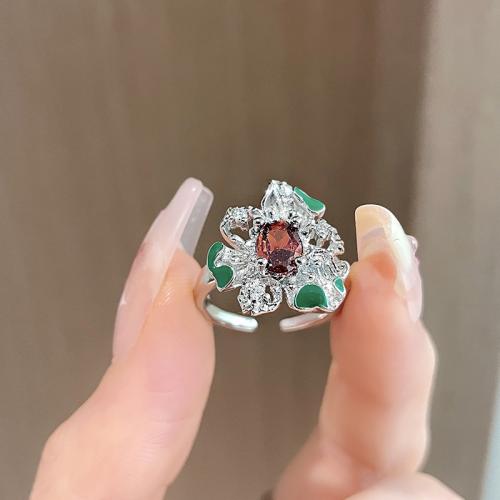metal Anillo de dedo Cuff, Flor, chapado en color de platina, micro arcilla de zirconia cúbica & para mujer & esmalte, tamaño:6-8, Vendido por UD