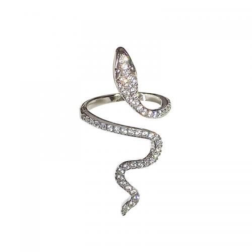 metal Anillo de dedo Cuff, Serpiente, chapado en color de platina, micro arcilla de zirconia cúbica & para mujer, tamaño:6-8, Vendido por UD