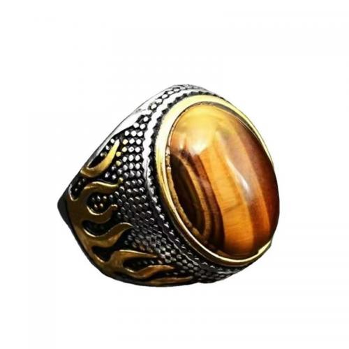 Gemstone Zinc Alloy Finger Ring, with Tiger Eye, Oval, plated, Unisex US Ring 