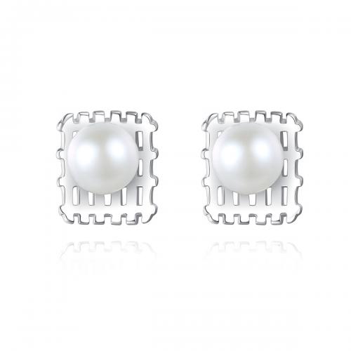 Sterling Silver Natural Pearl Stud Earring, 925 Sterling Silver, with Freshwater Pearl, Square, fashion jewelry & for woman, white 