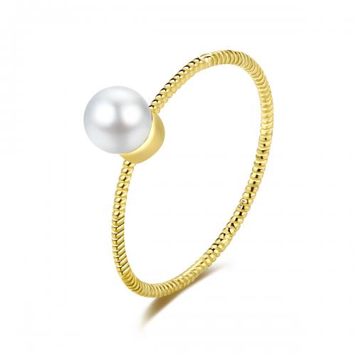 Pearl Sterling Silver Finger Ring, 925 Sterling Silver, with Freshwater Pearl, Round, gold color plated, fashion jewelry & for woman, white, 0.8mm [