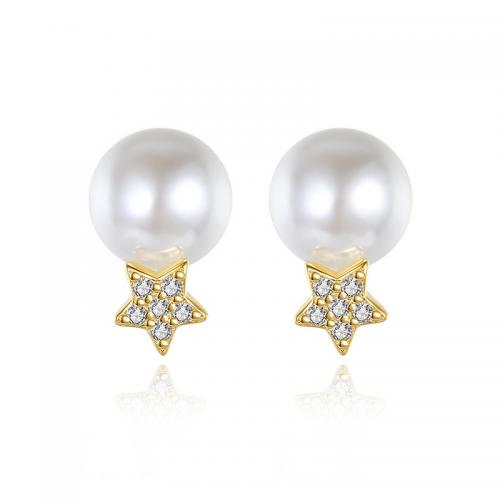 Sterling Silver Natural Pearl Stud Earring, 925 Sterling Silver, with pearl, plated, fashion jewelry & micro pave cubic zirconia & for woman 