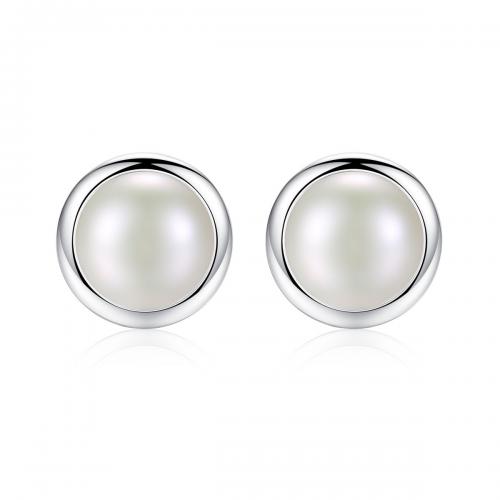 Sterling Silver Natural Pearl Stud Earring, 925 Sterling Silver, with pearl, Round, fashion jewelry & for woman, white 