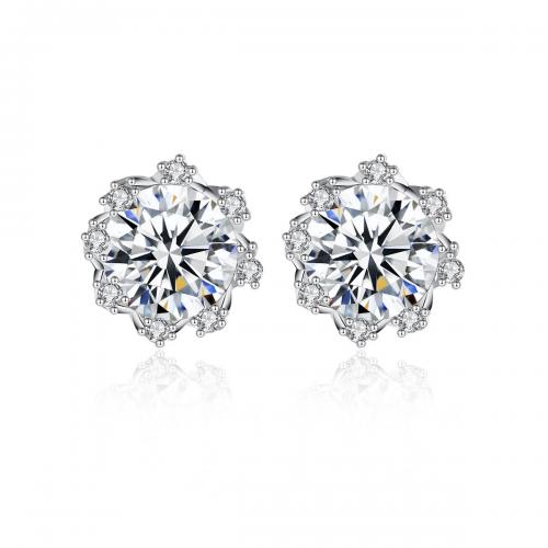 Sterling Silver Stud Earring, 925 Sterling Silver, with Moissanite, Flower, platinum plated, fashion jewelry & for woman, clear 