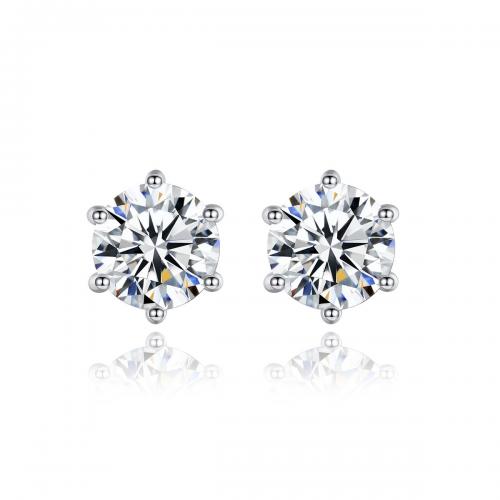 Sterling Silver Stud Earring, 925 Sterling Silver, with Moissanite, Round, fashion jewelry & for woman, clear 