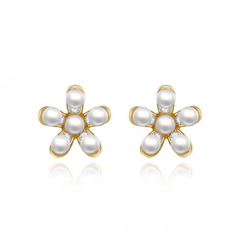 Sterling Silver Natural Pearl Stud Earring, 925 Sterling Silver, with pearl & Cubic Zirconia, Flower, gold color plated, fashion jewelry & for woman, white 