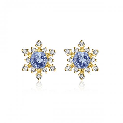 Cubic Zirconia Micro Pave Sterling Silver Earring, 925 Sterling Silver, with Cubic Zirconia, Snowflake, gold color plated, fashion jewelry & for woman, blue 