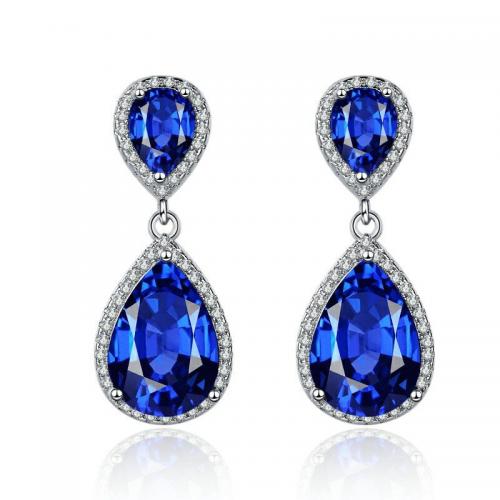 Cubic Zirconia Micro Pave Brass Earring, with Sapphire, fashion jewelry & micro pave cubic zirconia & for woman 